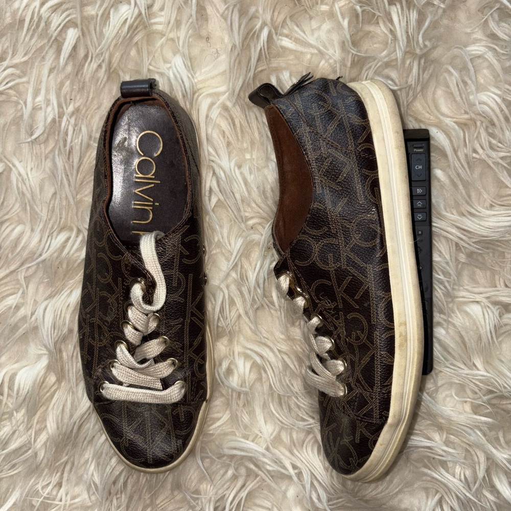 Calvin Klein Brown Monogram Low-Top Sneakers with Cream Laces